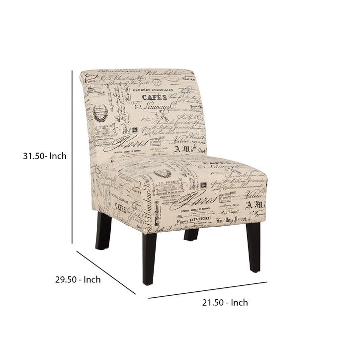 Wooden Slipper Chair with Script Pattern Upholstery, Brown and Cream