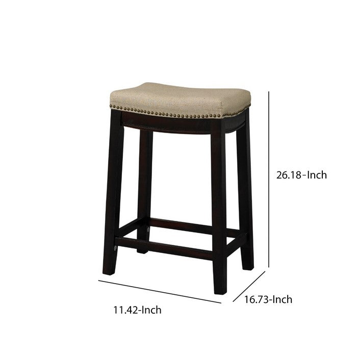 Fabric Upholstered Counter Stool with Nail head Trim, Brown and Beige