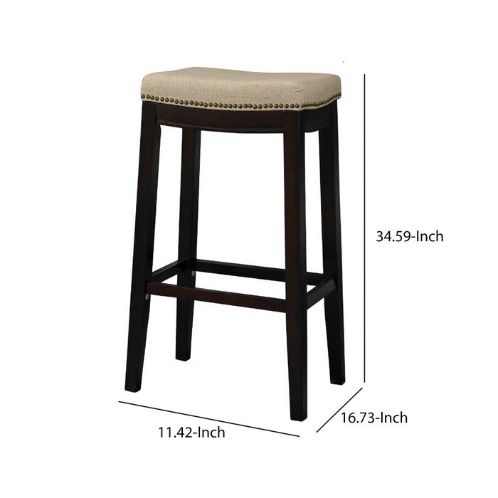 Fabric Upholstered Bar Stool with Nail head Trim, Brown and Beige