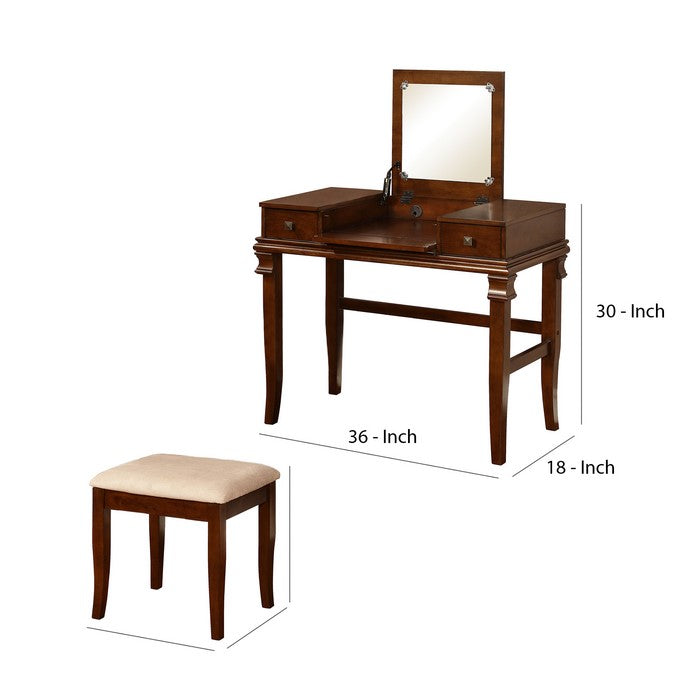 Wooden Vanity Set with Flip Top Mirror and 2 Drawers, Brown and Beige