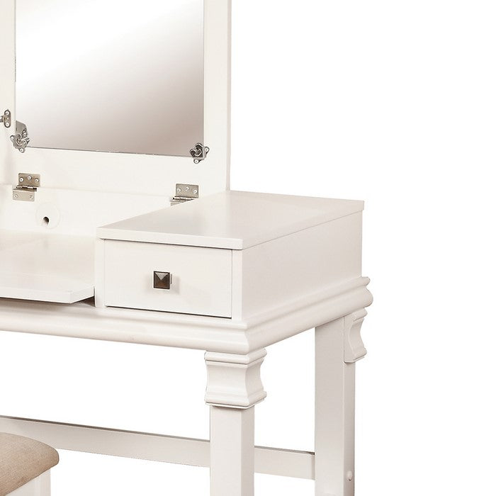 Wooden Vanity Set with Flip Top Mirror and 2 Drawers, White and Beige