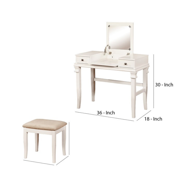 Wooden Vanity Set with Flip Top Mirror and 2 Drawers, White and Beige