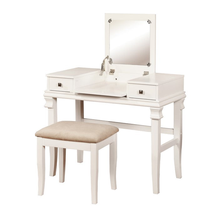 Wooden Vanity Set with Flip Top Mirror and 2 Drawers, White and Beige