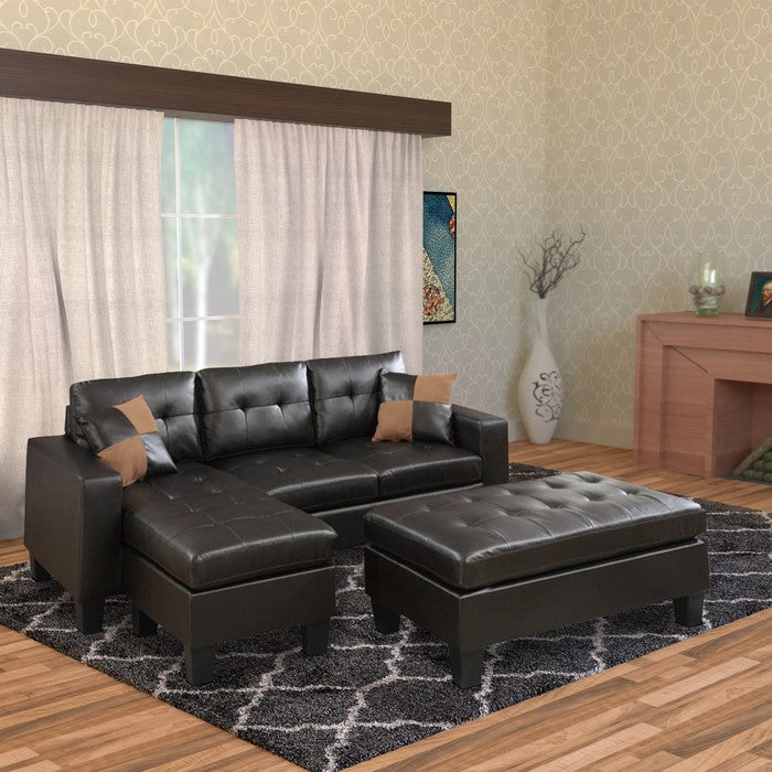 Leather All In One Sectional With Ottoman And 2 Pillows In Espresso Brown