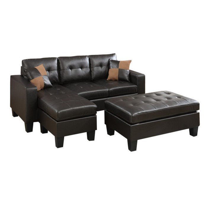 Leather All In One Sectional With Ottoman And 2 Pillows In Espresso Brown