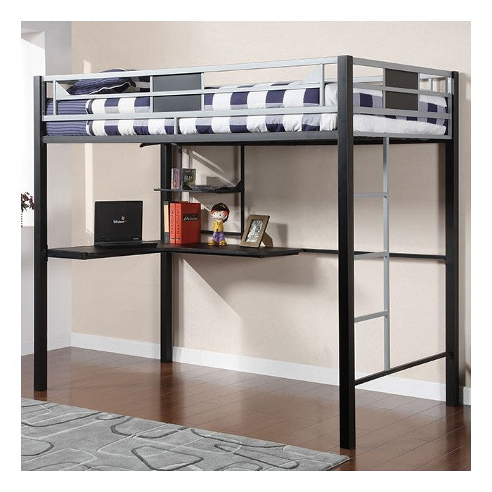 Full Size Loft Bed With Workstation And Side Ladders, Silver, Black