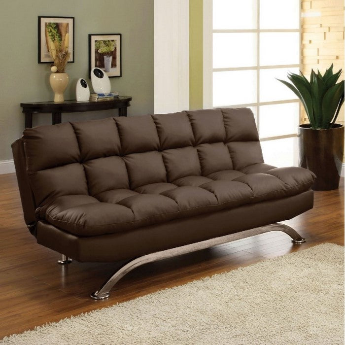 Fabric Upholstered Contemporary Sofa With Metal Base, Dark Brown