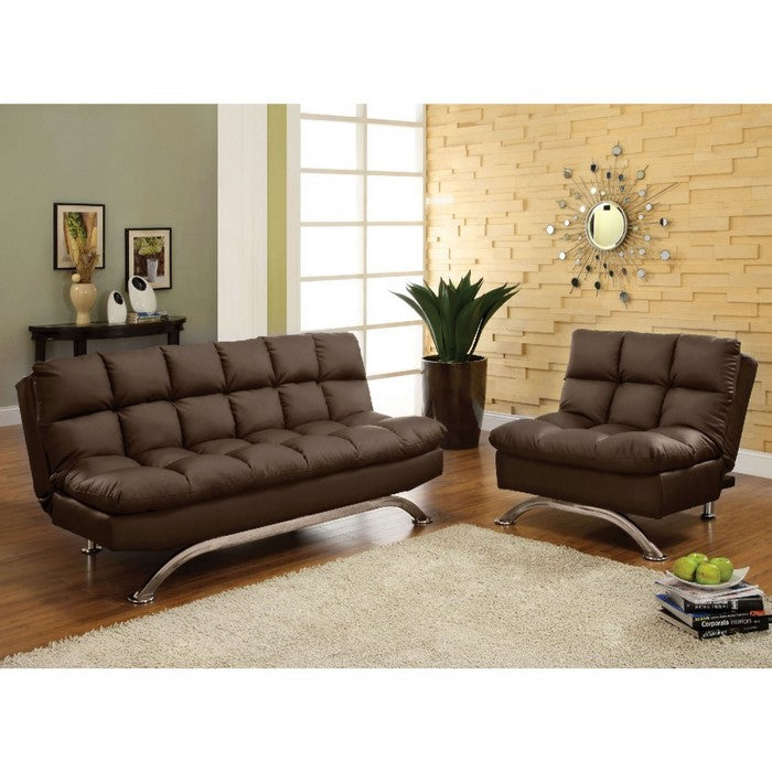 Fabric Upholstered Contemporary Sofa With Metal Base, Dark Brown