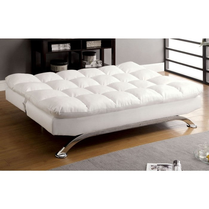 Leatherette Upholstered Contemporary Futon Sofa With Metal Base, White
