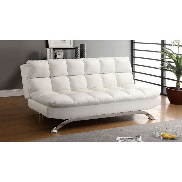 Leatherette Upholstered Contemporary Futon Sofa With Metal Base, White