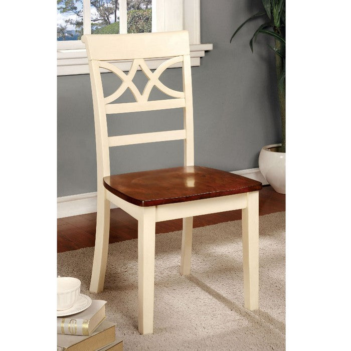 Dual Tone Side Chair with Designer Cutout Back, Set of Two, Vintage White and Cherry Brown
