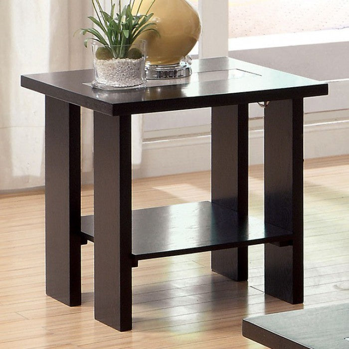 End Table With Glass Insert And Bottom Shelf, Espresso Brown