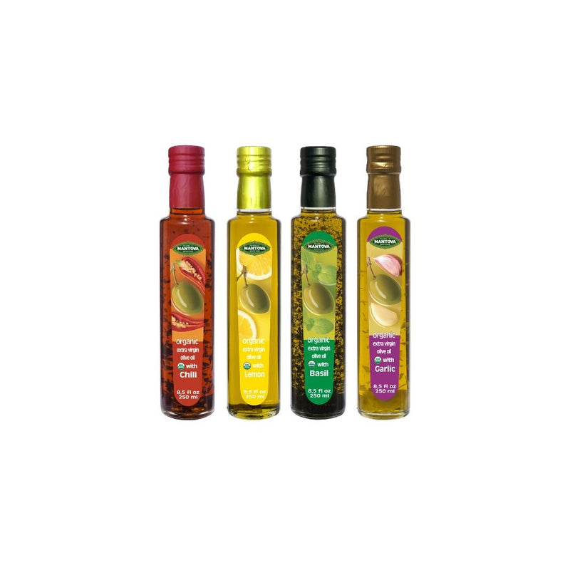 Mantova Flavored Extra Virgin Olive Oil Variety Pack: Garlic, Basil, Chili, Lemon Organic Extra Virgin Olive Oil, 8.5-Ounce Per Bottle (Pack of 4) Great Gift Item
