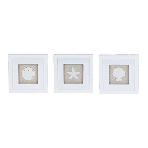 Set of 3 Sandstone Shell and Starfsh Shadow Box Plaques - 7.875" Square