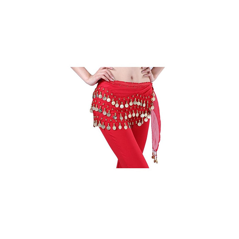 Viskey Fashion Chiffon Belly Dance Waist Chain with Golden Coins in 3-Layers,Red