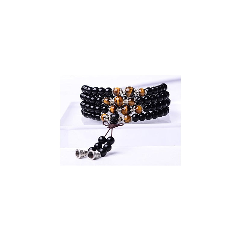Tiger Eye Crystal Gemstone Bracelet Tibetan Buddhist Buddha Meditation 108 Obsidian Prayer Bead Mala Bracelet/Necklace