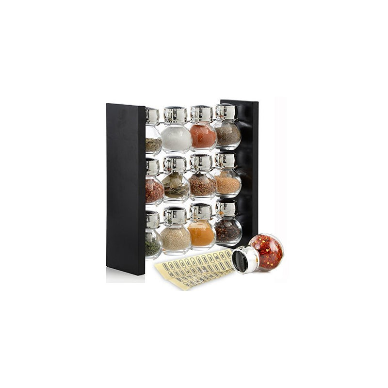 Blümwares Wood Herb and Spice Rack Stand with 12 Clear Glass Jar Bottles - Modern & Stylish Kitchen Organizer that Keeps Your Seasoning Bottles Within Reach (Spices Not Included)