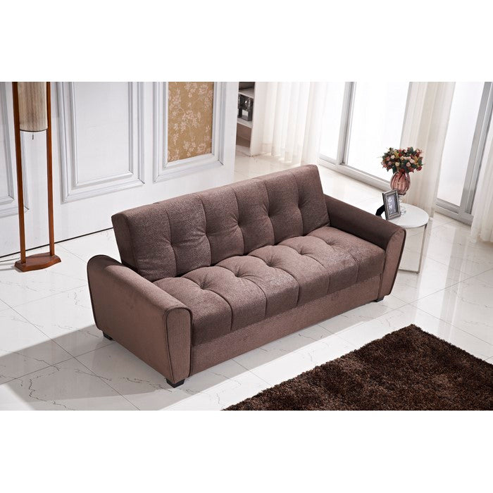Tufted Storage Futon Sofa Bed with Textured Linen Dark Brown