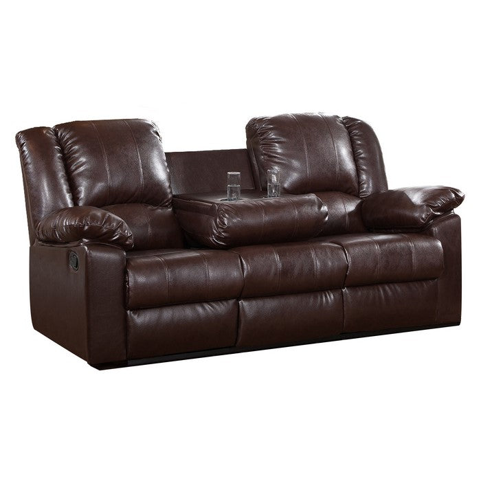 Leatherette Reclining Sofa With Drop Down Cup Holder, Dark Brown