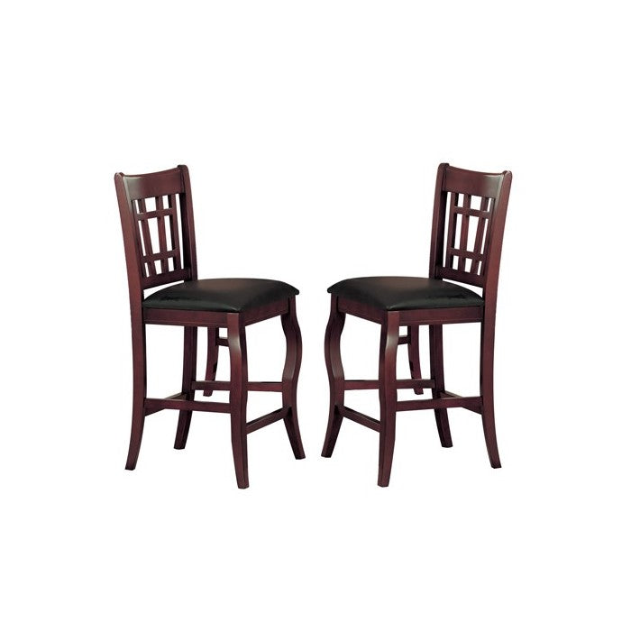 Wooden Counter Height Chair With Designer Back, Set of 2, Cherry Brown