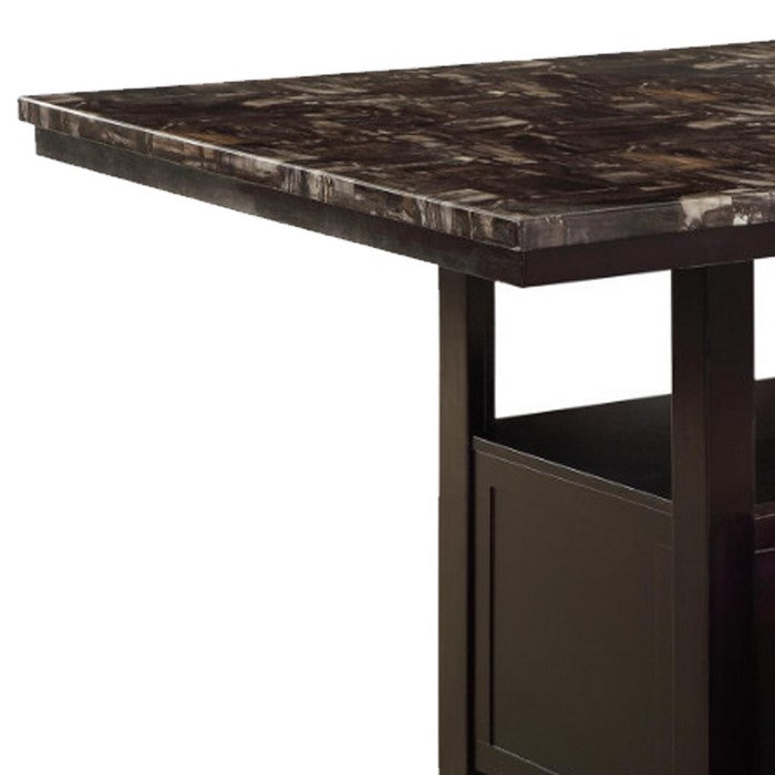 Faux Marble Top Counter Height Table With Bottom Compartment, Brown