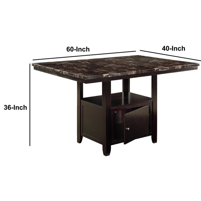Faux Marble Top Counter Height Table With Bottom Compartment, Brown