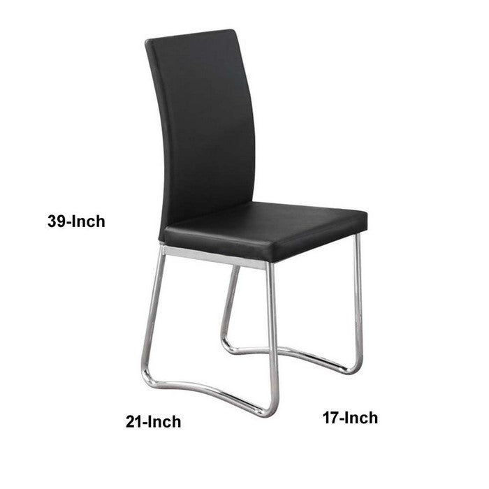 Leatherette Upholstered Padded Dining Chair with Tubular Metal Legs, Set of Four, Black and Silver
