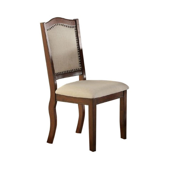 Wood and Fabric Padded Dining Chair, Set of 2, Brown and Beige