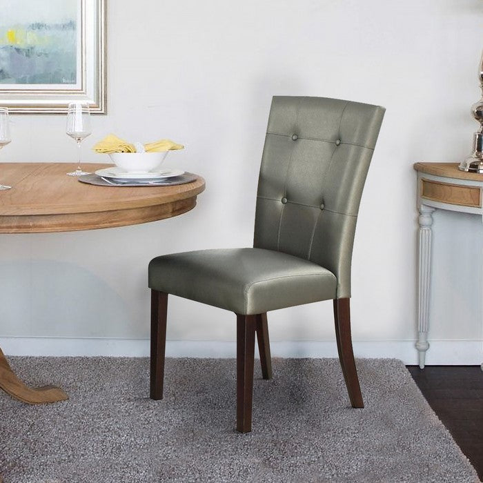 Button Tufted Faux Leather Wooden Dining Chair, Set Of 2,Silver