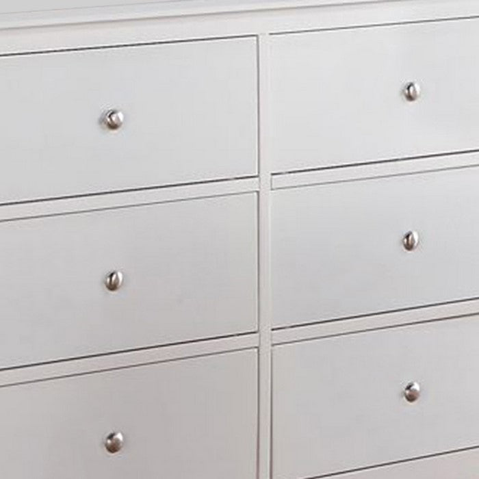Pine Wood 6 Drawer Dresser With Silver Knobs, White