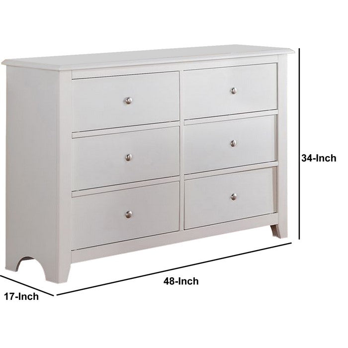 Pine Wood 6 Drawer Dresser With Silver Knobs, White