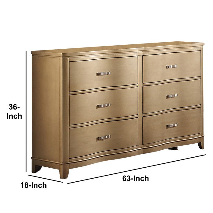 Pine Wood Spacious 6- Drawer Dresser ,Gold