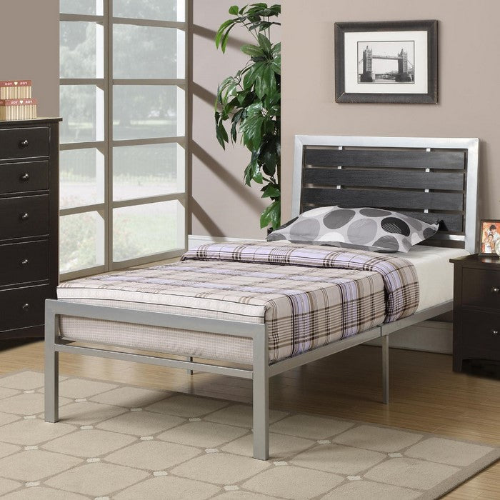 Metal Twin Size Bed With Wood Panel Headboard, Silver & Black