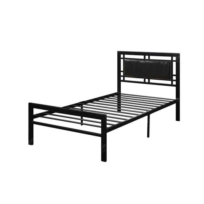 Metal Frame Twin Bed With Leather Upholstered Headboard, Black