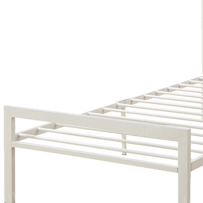 Metal Frame Twin Bed With Leather Upholstered Headboard, White