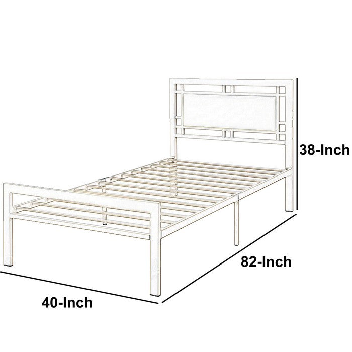 Metal Frame Twin Bed With Leather Upholstered Headboard, White