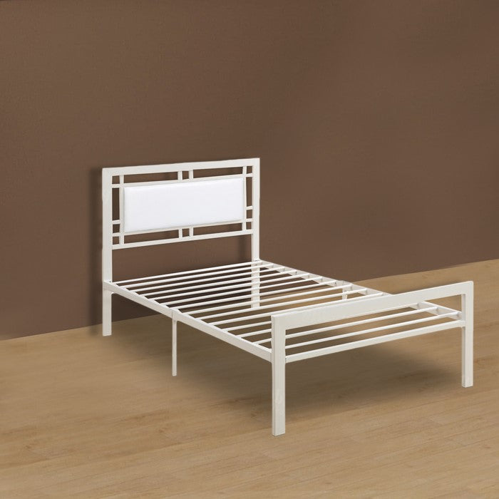 Metal Frame Twin Bed With Leather Upholstered Headboard, White