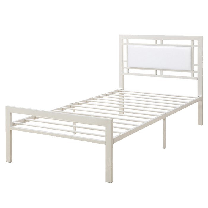 Metal Frame Twin Bed With Leather Upholstered Headboard, White