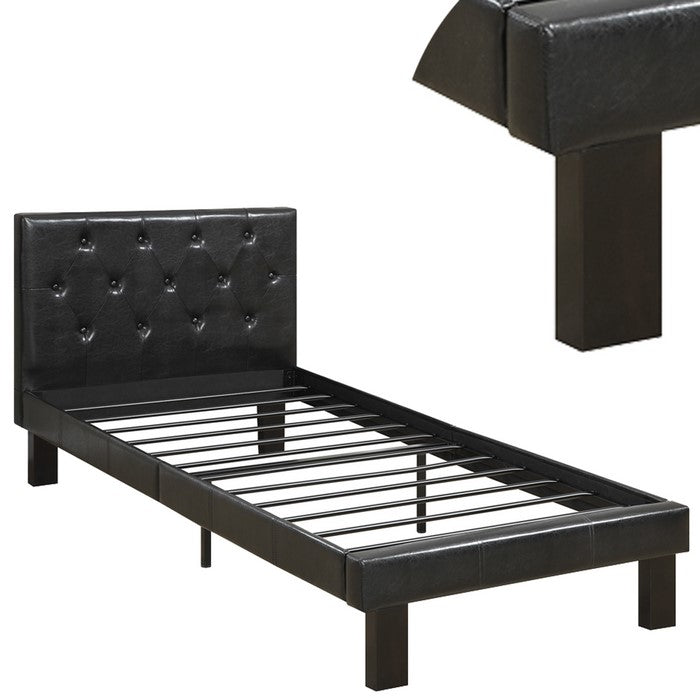 Faux Leather Upholstered Twin size Bed With tufted Headboard, Black
