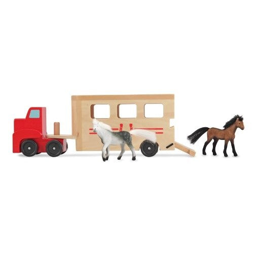 Melissa & Doug Horse Carrier Wooden Vehicle Play Set With 2 Flocked Horses and Pull-Down Ramp