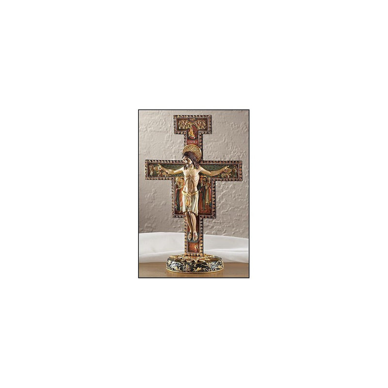 Large Standing San Damiano Marble Resin Cross Crucifix Religious Home Decor 11 Inch