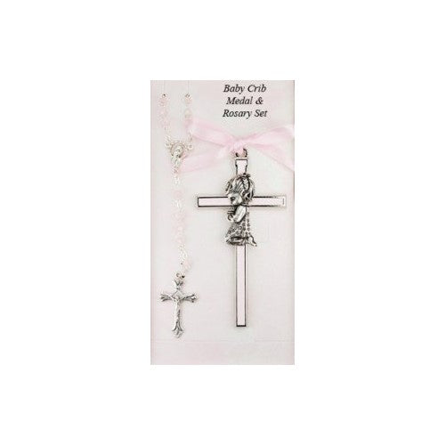 Girl Crib Cross and Rosary set Cross is 3 1/2 inches great baptism christening gift keepsake gift