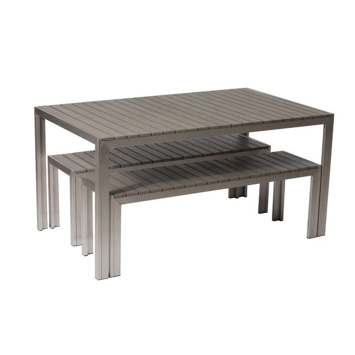 Anodized Aluminum Table And Bench Set In Gray (Set of 3)