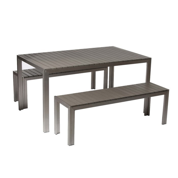 Anodized Aluminum Table And Bench Set In Gray (Set of 3)