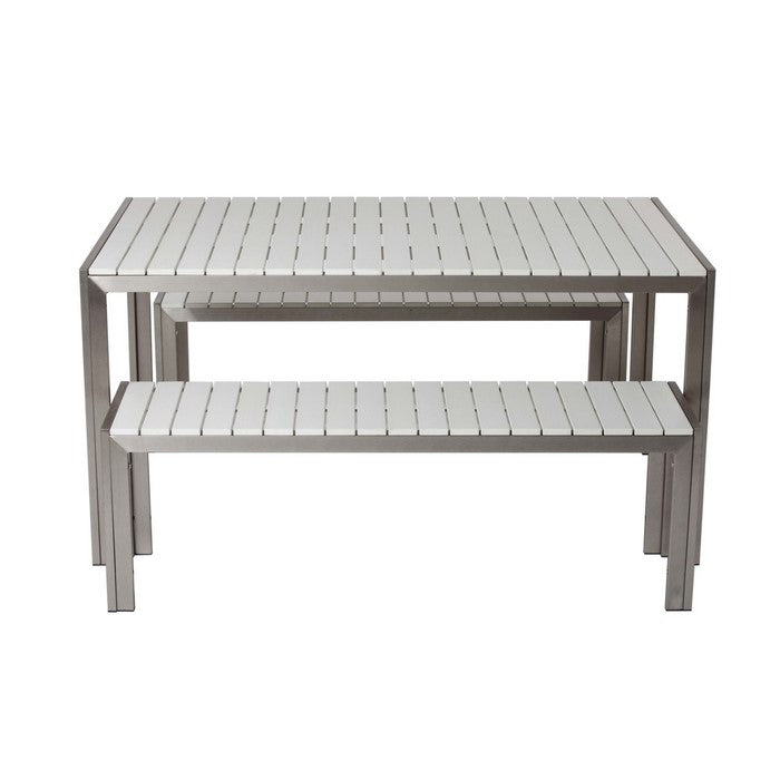 Anodized Aluminum Table And Bench Set In White (Set of 3)