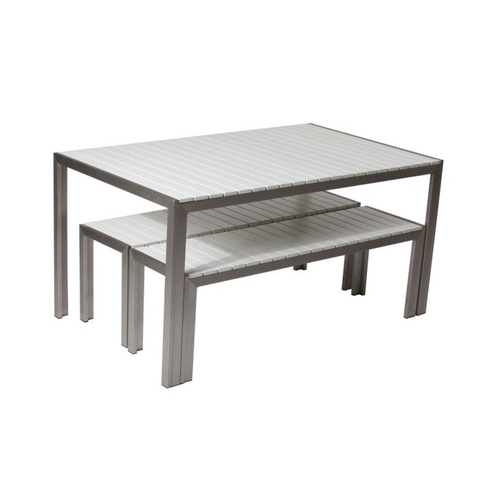 Anodized Aluminum Table And Bench Set In White (Set of 3)