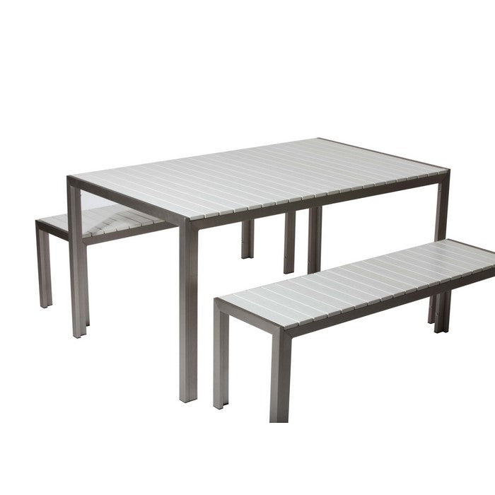Anodized Aluminum Table And Bench Set In White (Set of 3)