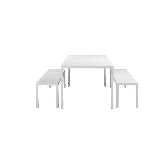 Anodized Aluminum Table And Bench Set In White (Set of 3)