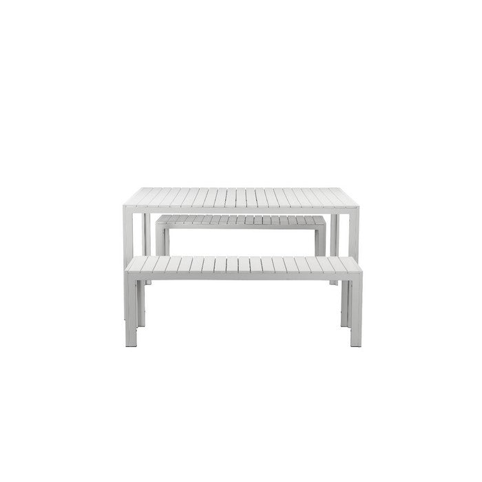 Anodized Aluminum Table And Bench Set In White (Set of 3)