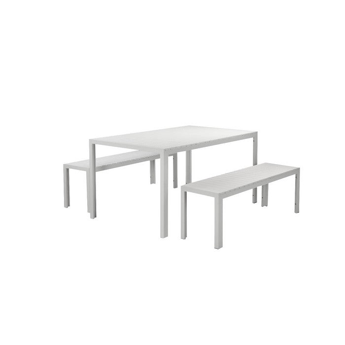 Anodized Aluminum Table And Bench Set In White (Set of 3)
